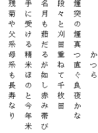 　　　　　かつら
煙突の煙真つ直ぐ良夜かな
段々と刈田重ねて千枚田
名月も茹だるが如し赤み帯び
手に受ける精米ほのと今年米
残菊や父系母系も長寿なり